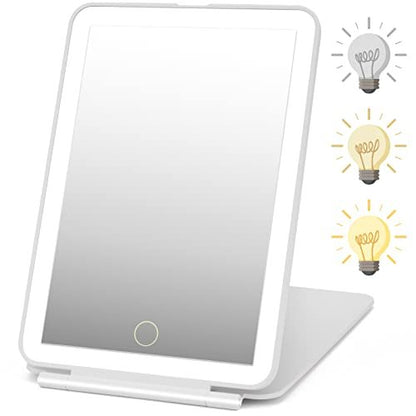 DenCert Rechargeable Travel Makeup Mirror with 72 LED Lights, 3 Lighting Modes, Dimmable Touch Screen, Slim Compact Vanity Mirror (White) Avelisse