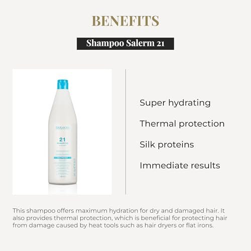Salerm Hydrating Shampoo 21 Silk Protein – 1000 ml – Nourishing Shampoo for Dry and Damaged Hair with Silk Proteins, Heat Protection Avelisse