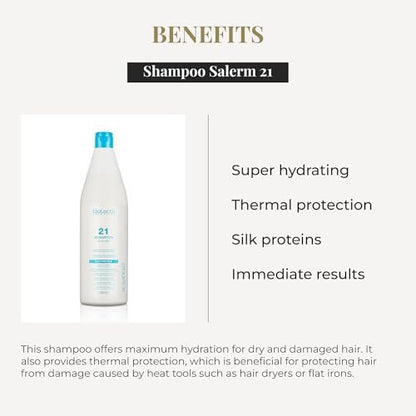 Salerm Hydrating Shampoo 21 Silk Protein – 1000 ml – Nourishing Shampoo for Dry and Damaged Hair with Silk Proteins, Heat Protection Avelisse