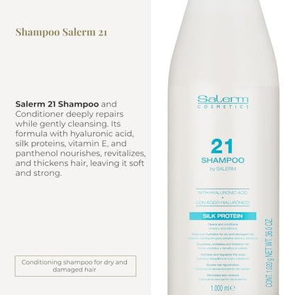 Salerm Hydrating Shampoo 21 Silk Protein – 1000 ml – Nourishing Shampoo for Dry and Damaged Hair with Silk Proteins, Heat Protection Avelisse