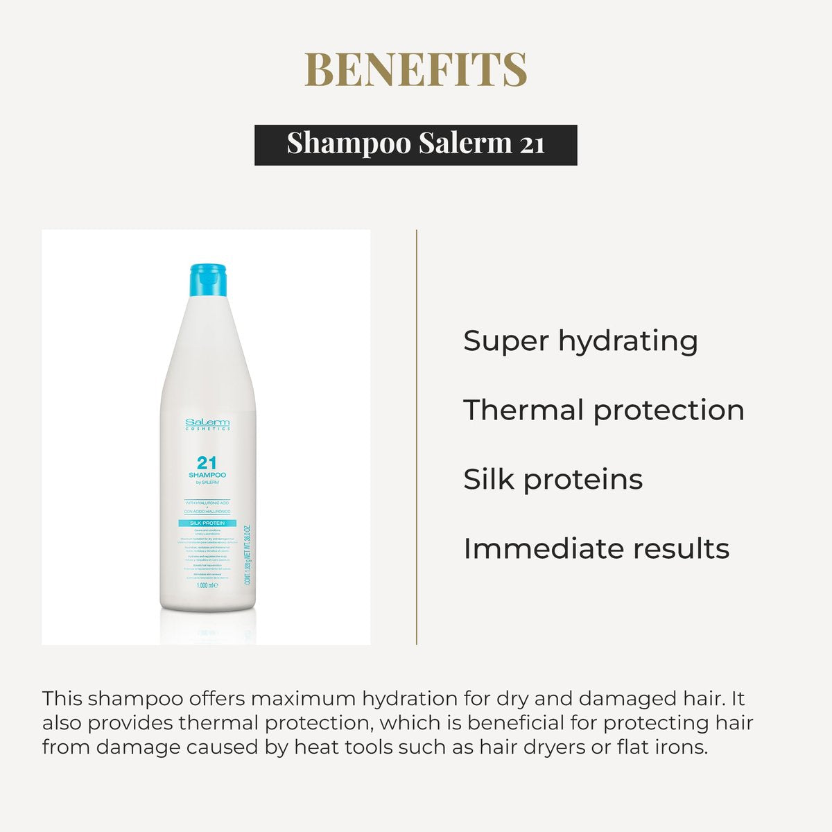 Salerm Hydrating Shampoo 21 Silk Protein – 1000 ml – Nourishing Shampoo for Dry and Damaged Hair with Silk Proteins, Heat Protection Avelisse