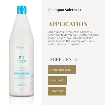 Salerm Hydrating Shampoo 21 Silk Protein – 1000 ml – Nourishing Shampoo for Dry and Damaged Hair with Silk Proteins, Heat Protection Avelisse