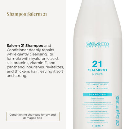 Salerm Hydrating Shampoo 21 Silk Protein – 1000 ml – Nourishing Shampoo for Dry and Damaged Hair with Silk Proteins, Heat Protection Avelisse