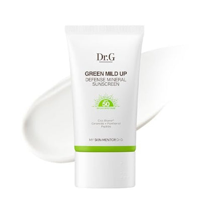 Dr. G Green Mild Up Defense Mineral Sunscreen SPF 50 - Broad Spectrum, Reef-Safe, Lightweight Korean Sunscreen for Sensitive Skin - Non-Greasy with Centella Asiatica - 1.69 fl oz