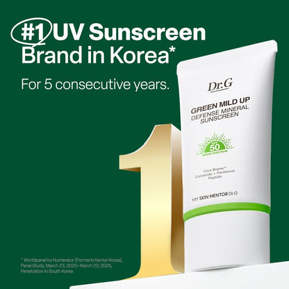 Dr. G Green Mild Up Defense Mineral Sunscreen SPF 50 - Broad Spectrum, Reef-Safe, Lightweight Korean Sunscreen for Sensitive Skin - Non-Greasy with Centella Asiatica - 1.69 fl oz