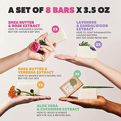 Skin Said Yes Organic Soap Bar Set of 8 - Natural Greek Soap with Shea Butter, Olive Oil, Lavender & Sandalwood, Aloe Vera & Cucumber Extract Avelisse