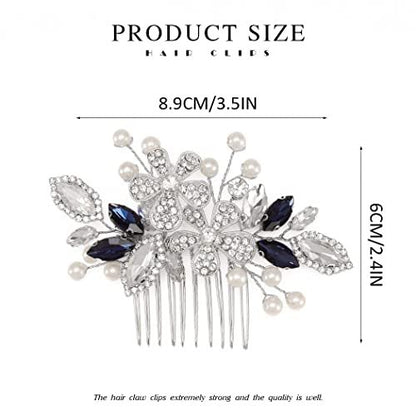Catery Berry Blue Crystal Flower Bride Wedding Hair Comb - Side Combs with Pearls and Rhinestones for Women
