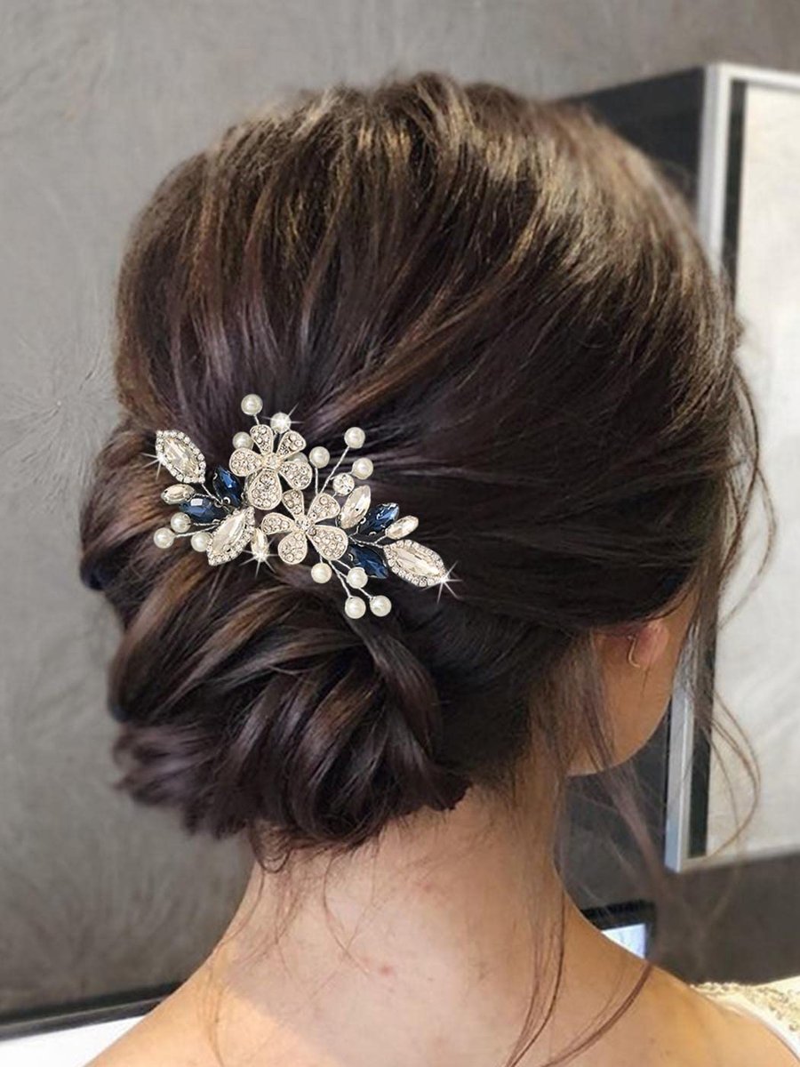 Catery Berry Blue Crystal Flower Bride Wedding Hair Comb - Side Combs with Pearls and Rhinestones for Women - görsel 9