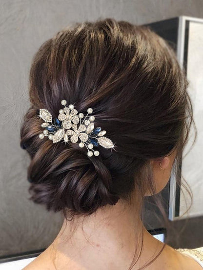 Catery Berry Blue Crystal Flower Bride Wedding Hair Comb - Side Combs with Pearls and Rhinestones for Women