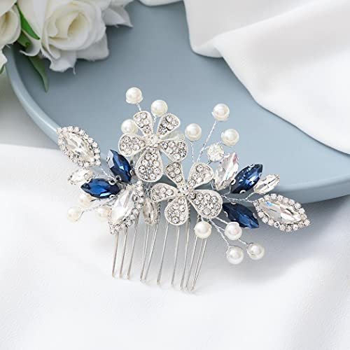 Catery Berry Blue Crystal Flower Bride Wedding Hair Comb - Side Combs with Pearls and Rhinestones for Women - görsel 12