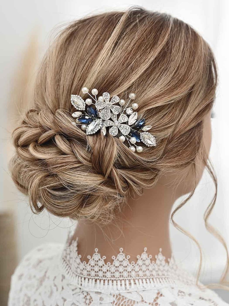 Catery Berry Blue Crystal Flower Bride Wedding Hair Comb - Side Combs with Pearls and Rhinestones for Women - görsel 3