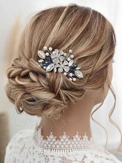 Catery Berry Blue Crystal Flower Bride Wedding Hair Comb - Side Combs with Pearls and Rhinestones for Women