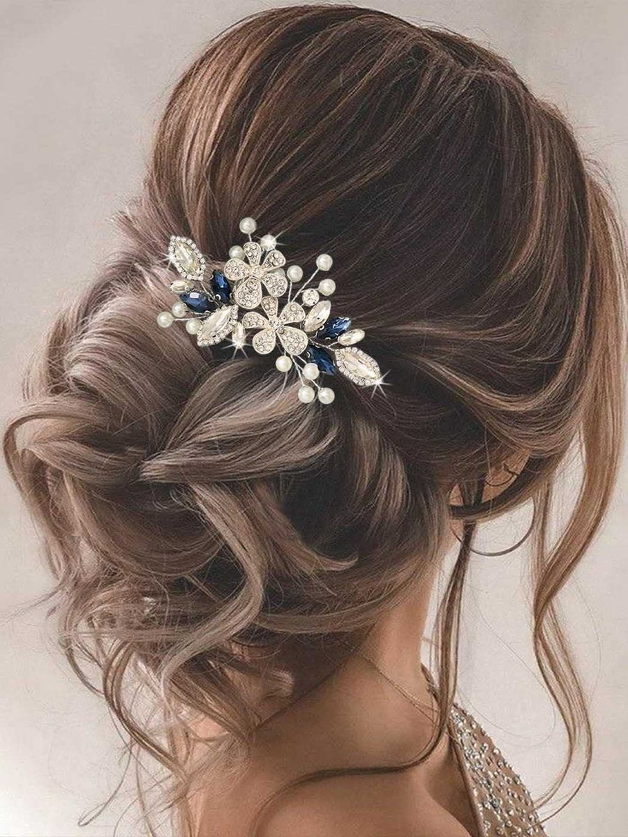 Catery Berry Blue Crystal Flower Bride Wedding Hair Comb - Side Combs with Pearls and Rhinestones for Women - görsel 7
