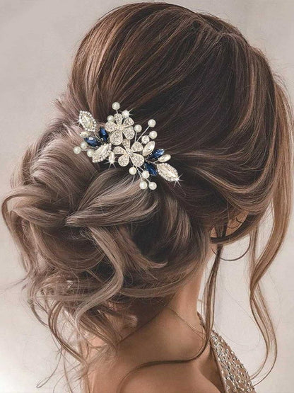 Catery Berry Blue Crystal Flower Bride Wedding Hair Comb - Side Combs with Pearls and Rhinestones for Women