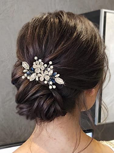 Catery Berry Blue Crystal Flower Bride Wedding Hair Comb - Side Combs with Pearls and Rhinestones for Women - görsel 10