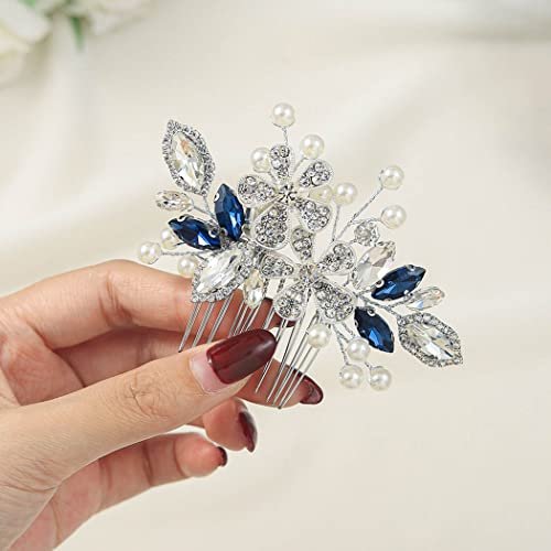 Catery Berry Blue Crystal Flower Bride Wedding Hair Comb - Side Combs with Pearls and Rhinestones for Women - görsel 18