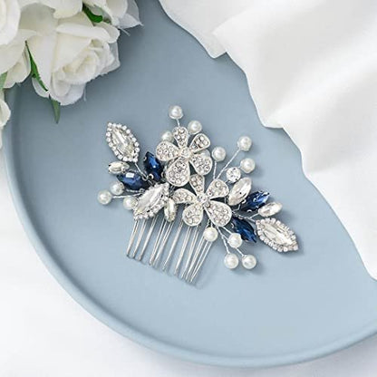 Catery Berry Blue Crystal Flower Bride Wedding Hair Comb - Side Combs with Pearls and Rhinestones for Women