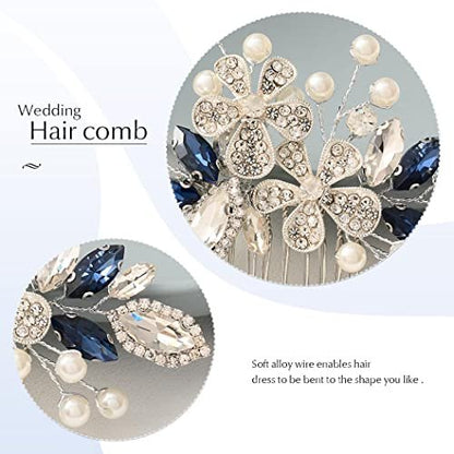 Catery Berry Blue Crystal Flower Bride Wedding Hair Comb - Side Combs with Pearls and Rhinestones for Women