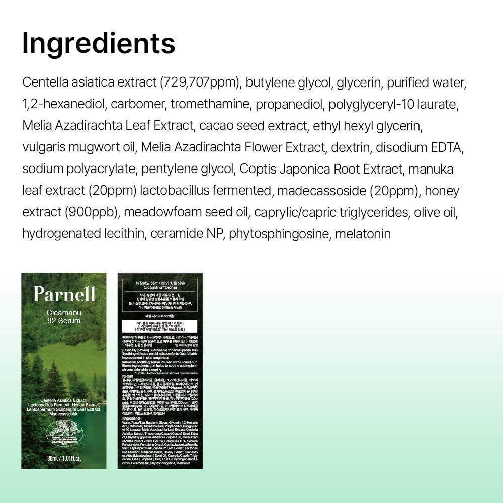 Parnell Cicamanu 92 Serum – Overnight Recovery & Deep Hydration with Melatonin, Centella Asiatica & Ceramide for Hyperpigmentation, 1.01 Fl Oz (30ml) Korean Skin Care Avelisse