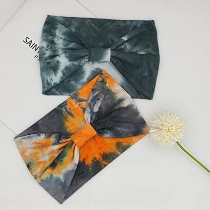 YONUF Wide Boho Headbands for Women - Knotted Yoga Headwrap - Orange Tie Dye 4 Pack