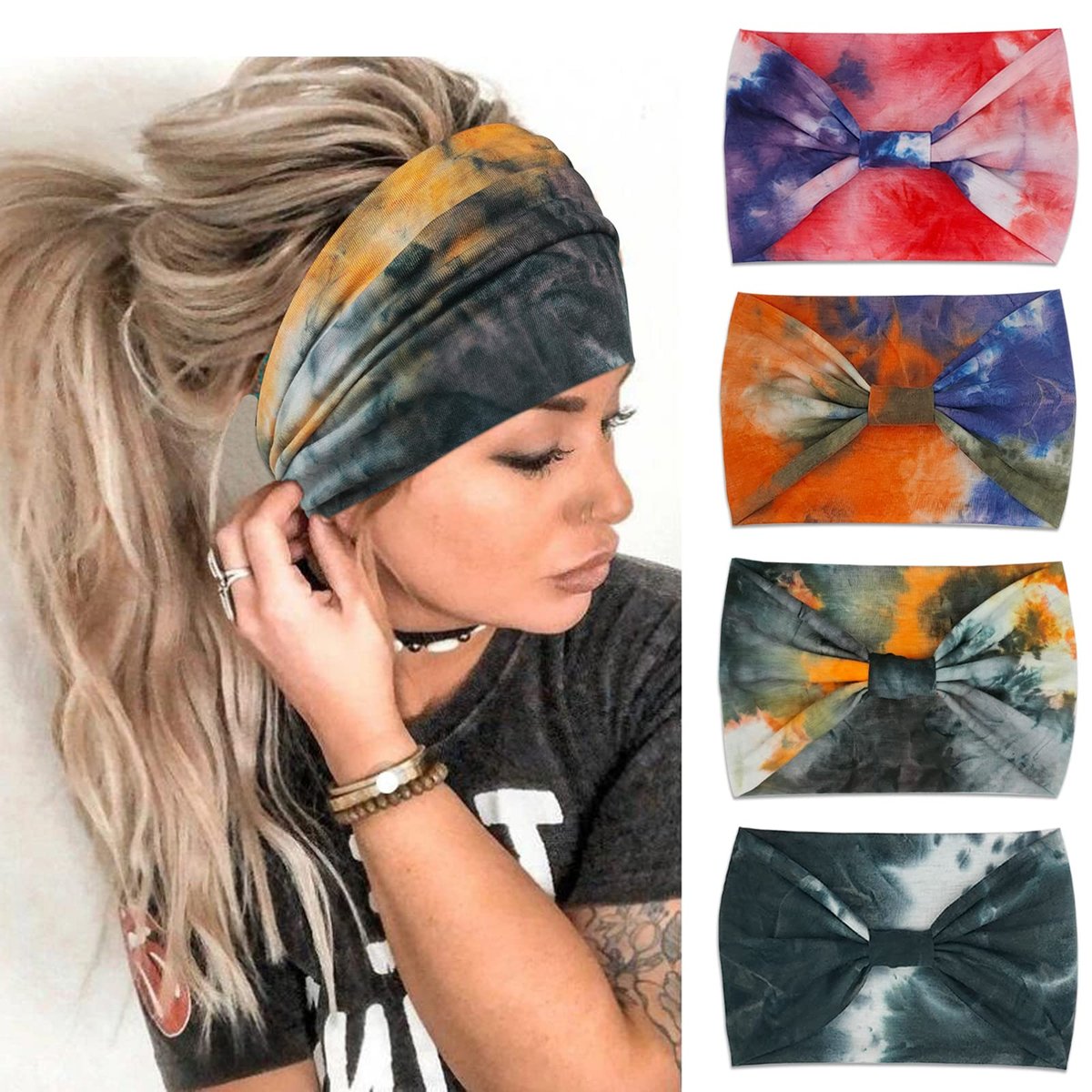 YONUF Wide Boho Headbands for Women - Knotted Yoga Headwrap - Orange Tie Dye 4 Pack - görsel 2