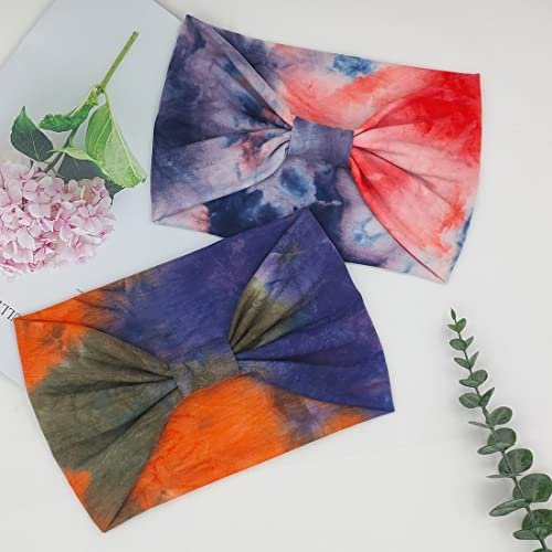 YONUF Wide Boho Headbands for Women - Knotted Yoga Headwrap - Orange Tie Dye 4 Pack - görsel 3