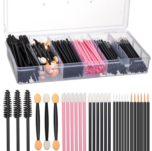 JASSINS 300-Piece Disposable Makeup Tool Kit with Organizer Box – Brow Brushes, Mascara Wands, Lip Applicators, Eyeshadow Sponges & Eyeliner Brushes