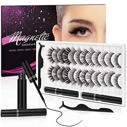 3D Natural Magnetic Eyelashes with Eyeliner Kit – 12 Pairs Reusable No-Glue False Lashes for a Natural Look