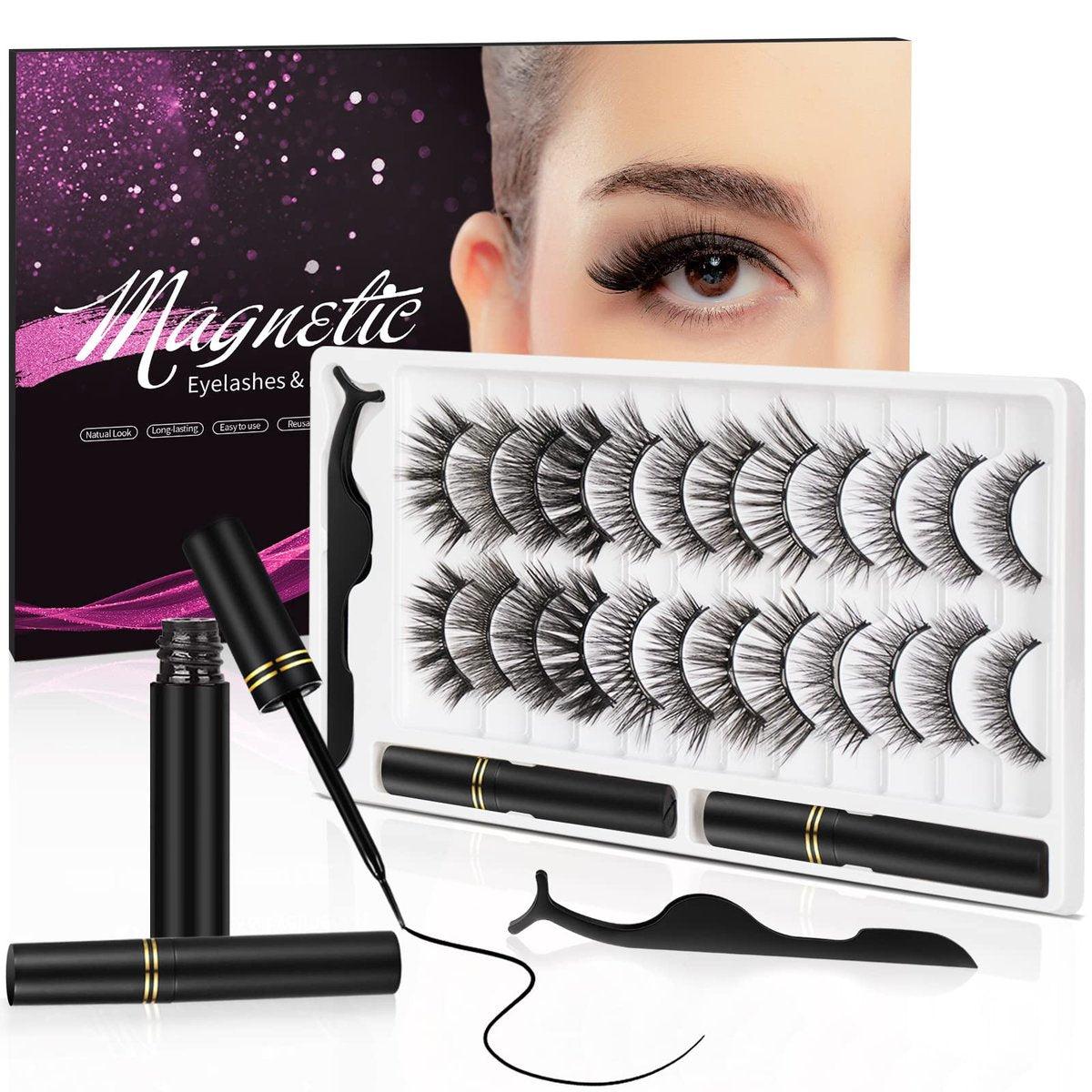 3D Natural Magnetic Eyelashes with Eyeliner Kit – 12 Pairs Reusable No-Glue False Lashes for a Natural Look - görsel 1