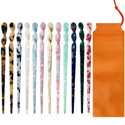 12 Acetate Hair Sticks – Tortoise Shell & Leopard Pattern Hairpins for Buns, Chinese Hair Styling Accessories for Women & Girls (12 Unique Styles)