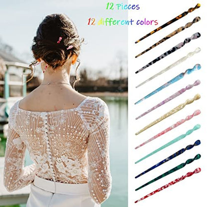 12 Acetate Hair Sticks – Tortoise Shell & Leopard Pattern Hairpins for Buns, Chinese Hair Styling Accessories for Women & Girls (12 Unique Styles)
