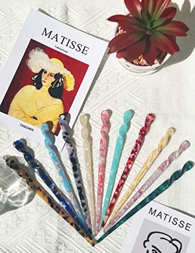12 Acetate Hair Sticks – Tortoise Shell & Leopard Pattern Hairpins for Buns, Chinese Hair Styling Accessories for Women & Girls (12 Unique Styles)