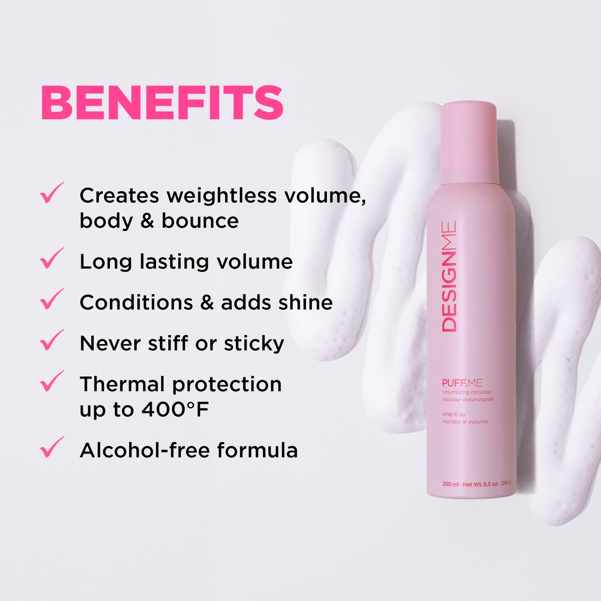 Design.Me PUFF.ME Hair Volumizing Mousse – Lightweight & Flexible Hold for Curls, Waves, or Straight Hair, Paraben & Sulfate-Free, with Vitamin B5 & E, 250mL Avelisse