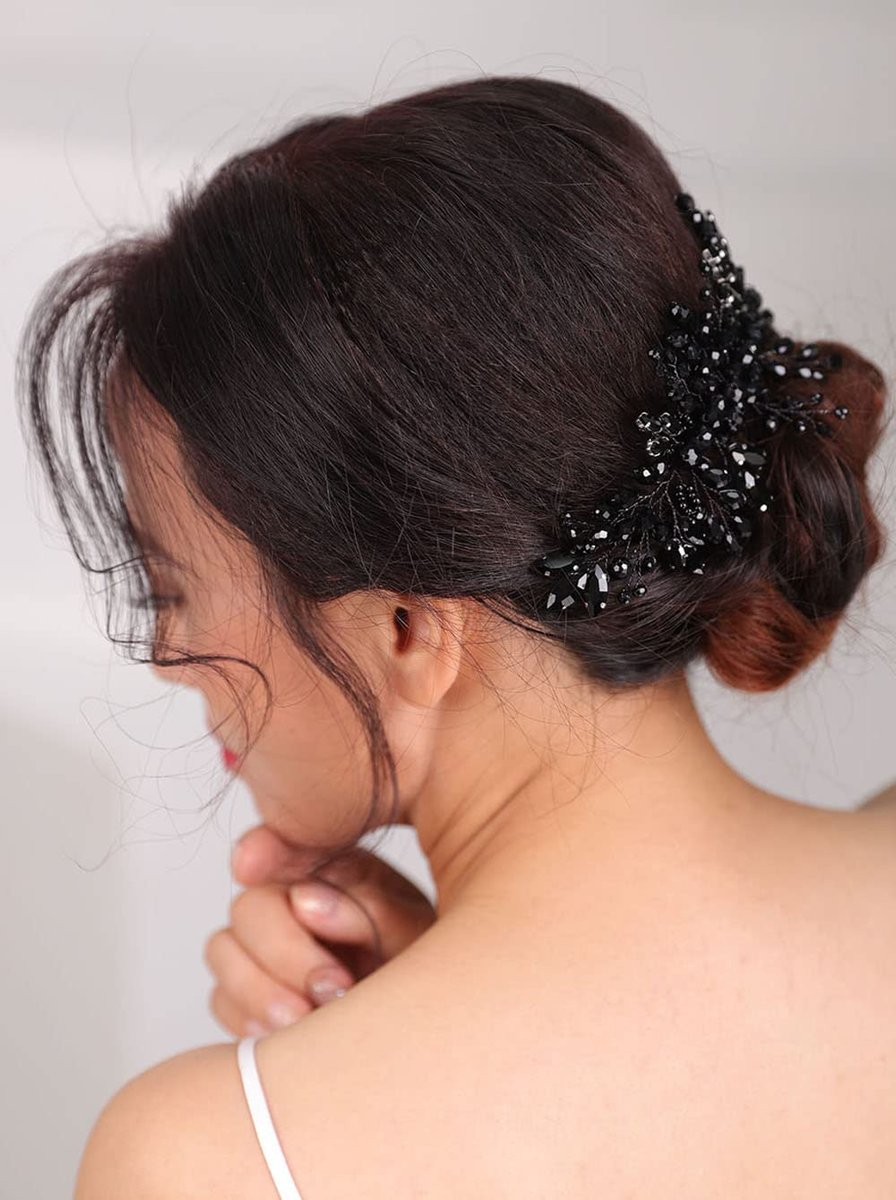 Teyglen Women Dainty Black Rhinestones Crystal Bride Wedding Hair Comb Headband Luxurious Hair Accessories Shiny Black Rhinestones Crystals Bridal Side Hair Combs for Women Bride Girls Avelisse