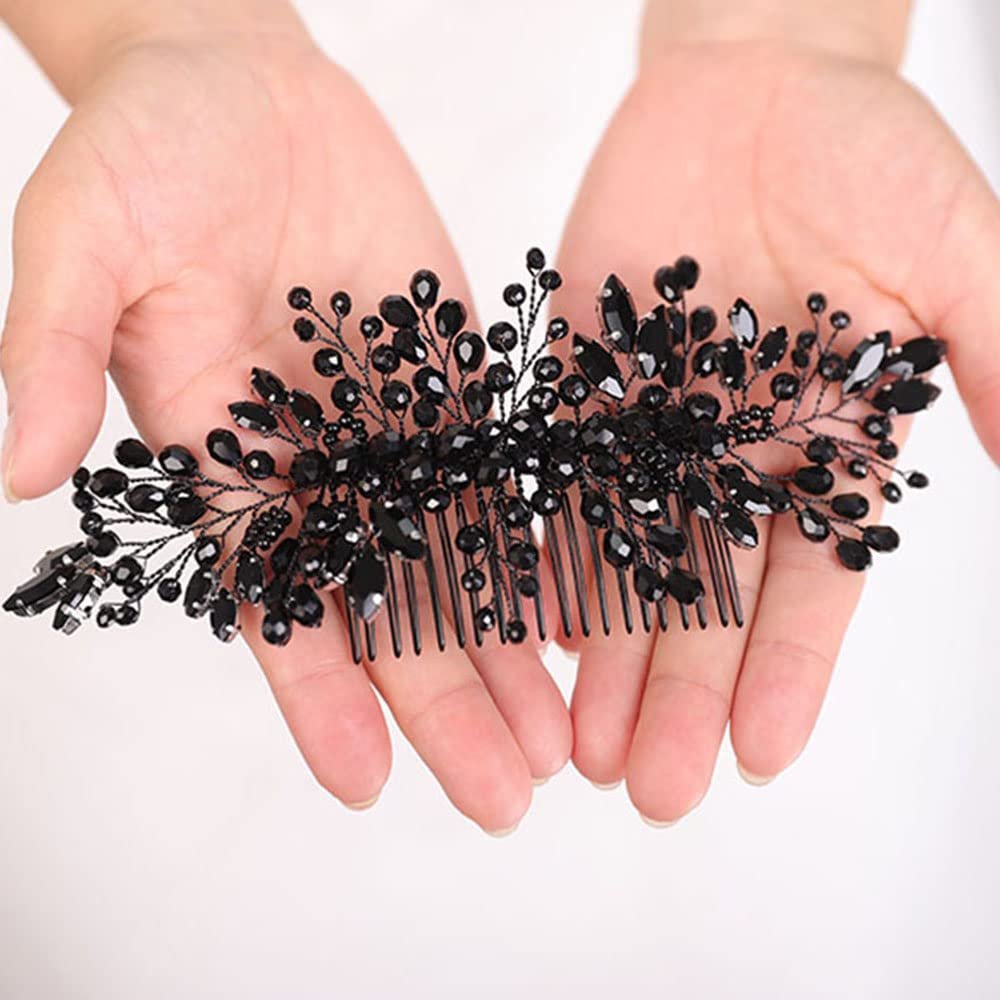 Teyglen Women Dainty Black Rhinestones Crystal Bride Wedding Hair Comb Headband Luxurious Hair Accessories Shiny Black Rhinestones Crystals Bridal Side Hair Combs for Women Bride Girls Avelisse