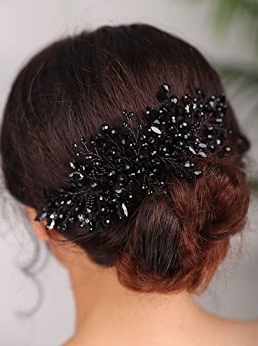 Teyglen Women Dainty Black Rhinestones Crystal Bride Wedding Hair Comb Headband Luxurious Hair Accessories Shiny Black Rhinestones Crystals Bridal Side Hair Combs for Women Bride Girls Avelisse