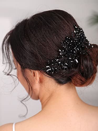Teyglen Women Dainty Black Rhinestones Crystal Bride Wedding Hair Comb Headband Luxurious Hair Accessories Shiny Black Rhinestones Crystals Bridal Side Hair Combs for Women Bride Girls Avelisse