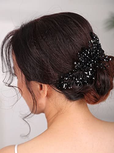 Teyglen Women Dainty Black Rhinestones Crystal Bride Wedding Hair Comb Headband Luxurious Hair Accessories Shiny Black Rhinestones Crystals Bridal Side Hair Combs for Women Bride Girls Avelisse
