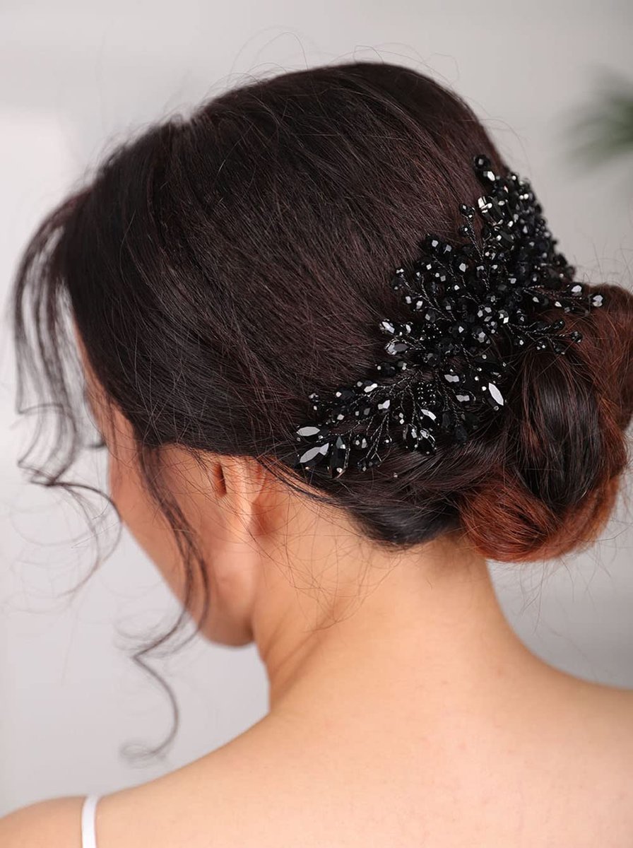 Teyglen Women Dainty Black Rhinestones Crystal Bride Wedding Hair Comb Headband Luxurious Hair Accessories Shiny Black Rhinestones Crystals Bridal Side Hair Combs for Women Bride Girls Avelisse