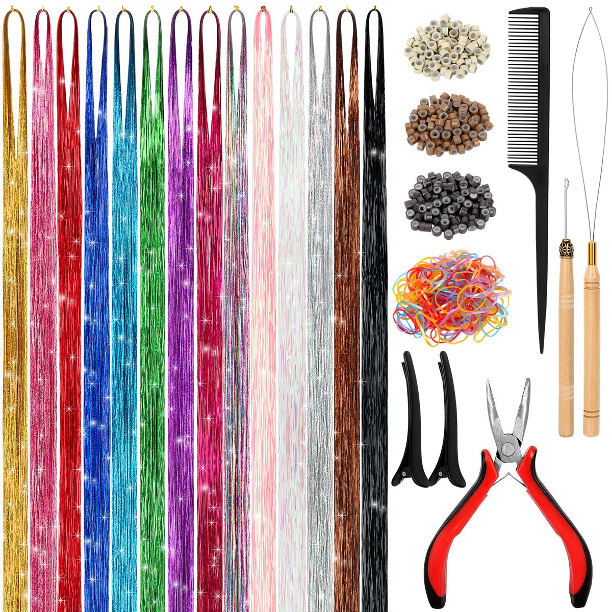 Hair Tinsel Kit – 48 Inch, 14 Colors, 3500 Strands – Heat Resistant Fairy Hair Tinsel with Tools for Women - görsel 1