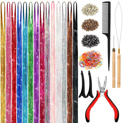 Hair Tinsel Kit – 48 Inch, 14 Colors, 3500 Strands – Heat Resistant Fairy Hair Tinsel with Tools for Women