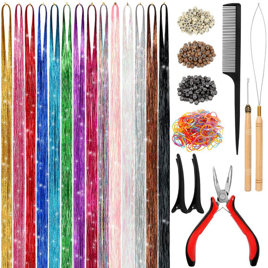 Hair Tinsel Kit – 48 Inch, 14 Colors, 3500 Strands – Heat Resistant Fairy Hair Tinsel with Tools for Women