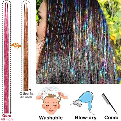 Hair Tinsel Kit – 48 Inch, 14 Colors, 3500 Strands – Heat Resistant Fairy Hair Tinsel with Tools for Women