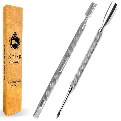 Professional Cuticle Pusher Tools - Dual Sided Stainless Steel Cuticle Remover and Trimmer for Manicure & Pedicure - 2 Pack Set by Krisp Beauty