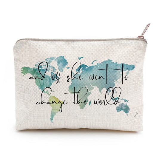 LICOBG World Map Makeup Bag – Graduation Gift for Her, Natural Linen Toiletry Bag for Travel