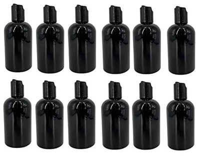 Natural Farms 4 oz Black Boston Plastic Bottles - 12 Pack Empty Refillable BPA Free Bottles with Black Press Down Disc Caps - Made in USA for Essential Oils, Aromatherapy