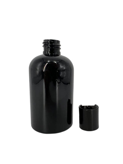Natural Farms 4 oz Black Boston Plastic Bottles - 12 Pack Empty Refillable BPA Free Bottles with Black Press Down Disc Caps - Made in USA for Essential Oils, Aromatherapy