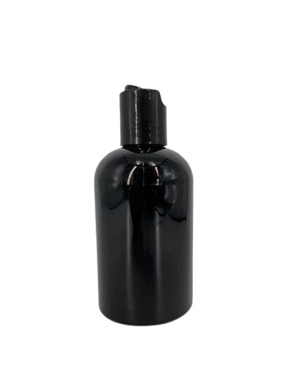 Natural Farms 4 oz Black Boston Plastic Bottles - 12 Pack Empty Refillable BPA Free Bottles with Black Press Down Disc Caps - Made in USA for Essential Oils, Aromatherapy