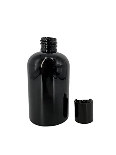 Natural Farms 4 oz Black Boston Plastic Bottles - 12 Pack Empty Refillable BPA Free Bottles with Black Press Down Disc Caps - Made in USA for Essential Oils, Aromatherapy