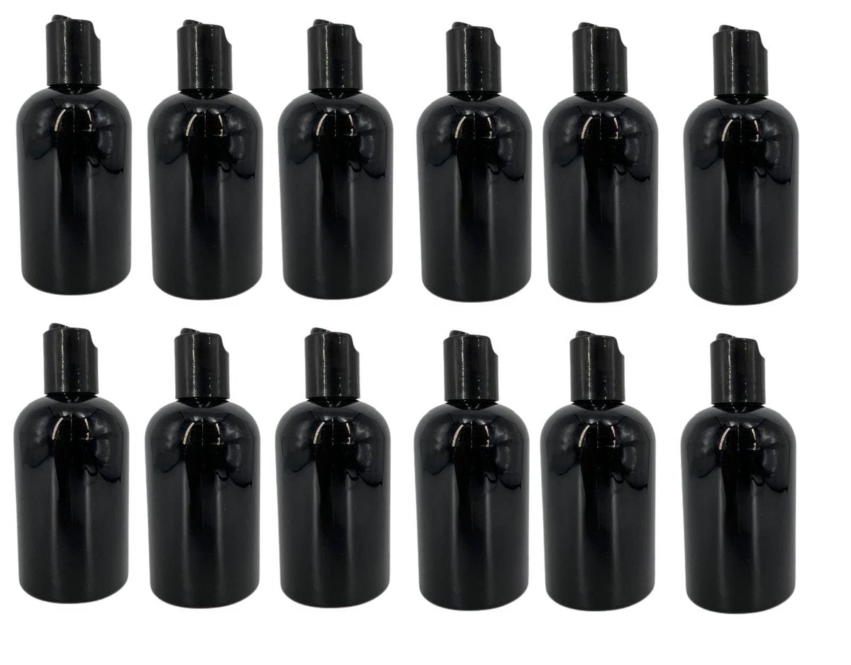 Natural Farms 4 oz Black Boston Plastic Bottles - 12 Pack Empty Refillable BPA Free Bottles with Black Press Down Disc Caps - Made in USA for Essential Oils, Aromatherapy - görsel 1